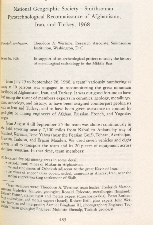 National Geographic Society - Smithsonian Pyrotechnological Reconnaissance of Afghanistan, Iran and Turkey 1968